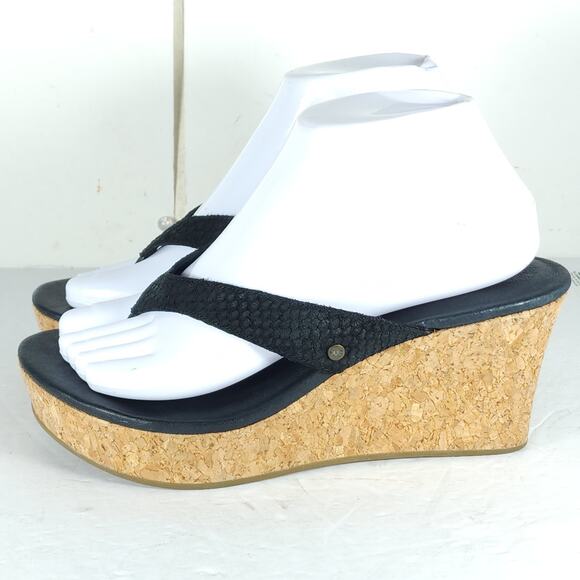 UGG Women's Natassia US8 Black Leather SlipOn Cork Wedge Platform Thong Sandals - Picture 2 of 15